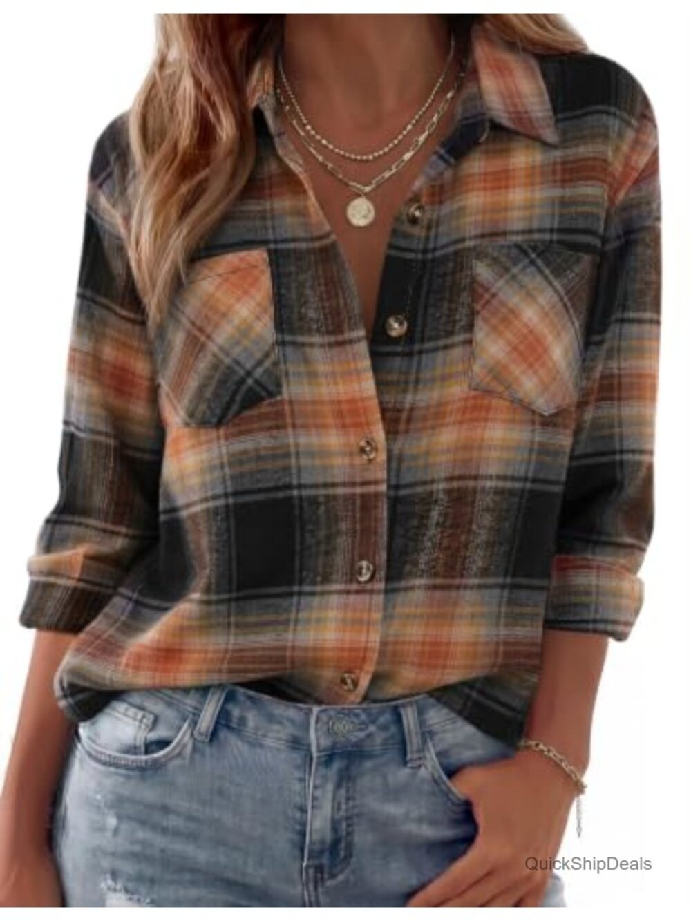 Womens Flannel Shirt Long Sleeve Button Down Casual Plaid Top